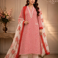 Women’s Red & White Chevron Printed Kurta Pant Set with Floral Dupatta | Elegant Ethnic Suit for Women