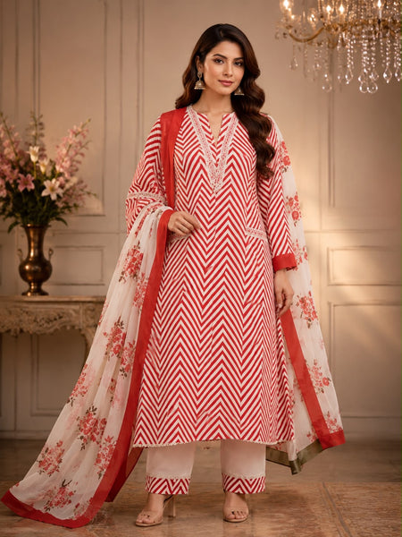 Women’s Red & White Chevron Printed Kurta Pant Set with Floral Dupatta | Elegant Ethnic Suit for Women