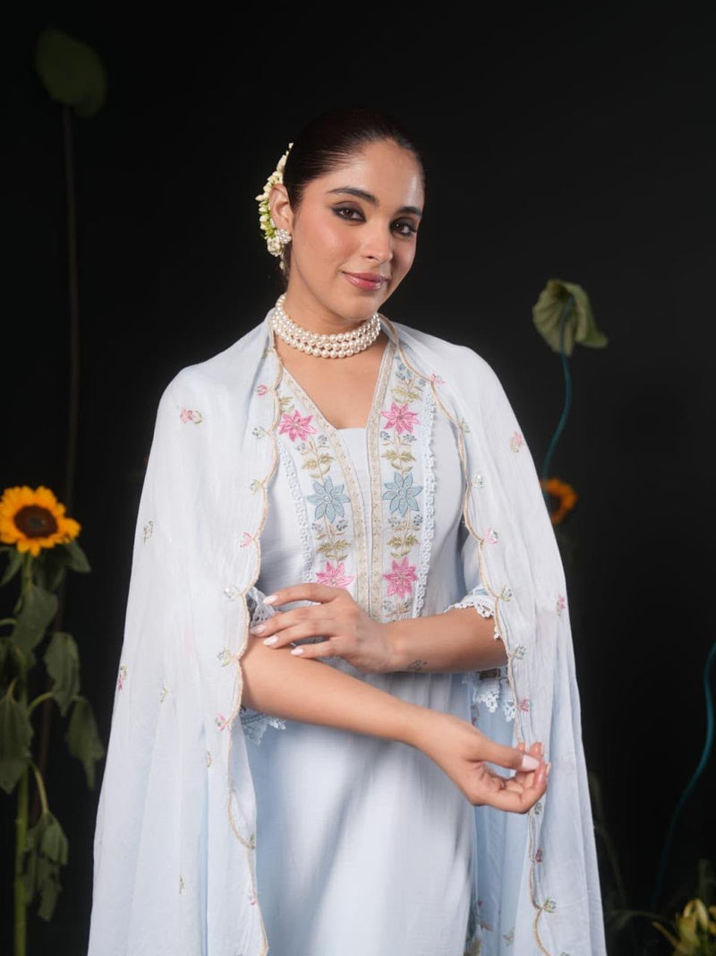 Women’s Powder Blue Floral Embroidered Kurta Pant Set with Dupatta | Elegant Ethnic Suit Set