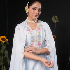 Women’s Powder Blue Floral Embroidered Kurta Pant Set with Dupatta | Elegant Ethnic Suit Set