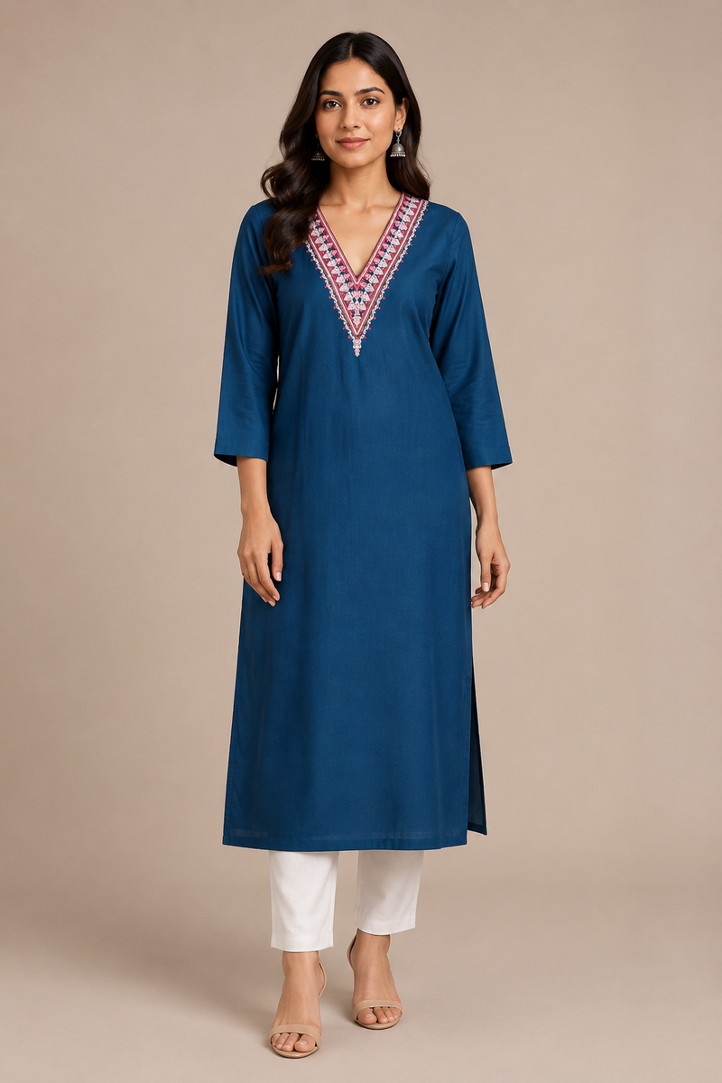 Women’s Rani Pink Embroidered Straight Kurta