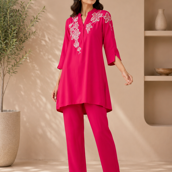 Women’s Fuchsia Pink Floral Embroidered Co-Ord Set | Elegant Kurta & Straight Pants Set for Casual & Festive Wear