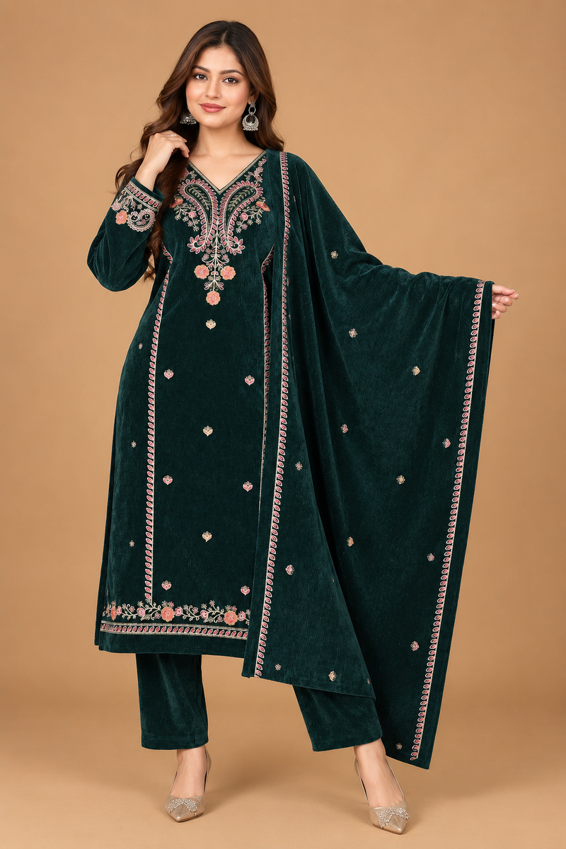 Emerald Green Embroidered Velvet 3-Piece Winter Suit with Dupatta