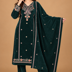 Emerald Green Embroidered Velvet 3-Piece Winter Suit with Dupatta