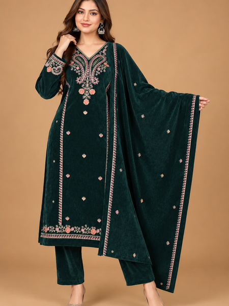 Emerald Green Embroidered Velvet 3-Piece Winter Suit with Dupatta