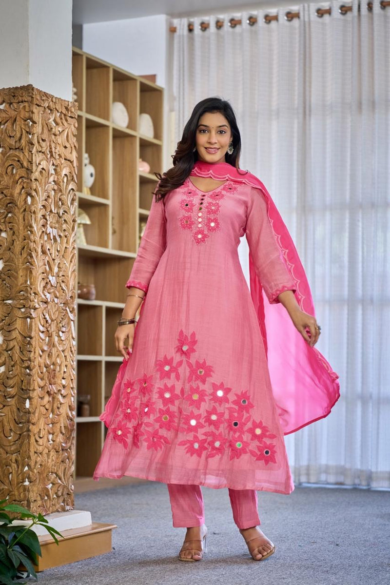 Premium Mul Chanderi Appliqué & Mirror Work Kurta Set with Dupatta