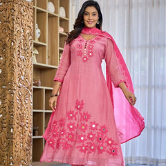 Premium Mul Chanderi Appliqué & Mirror Work Kurta Set with Dupatta