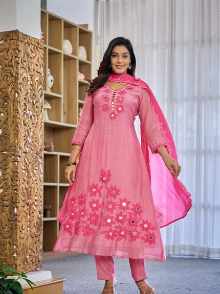 Premium Mul Chanderi Appliqué & Mirror Work Kurta Set with Dupatta