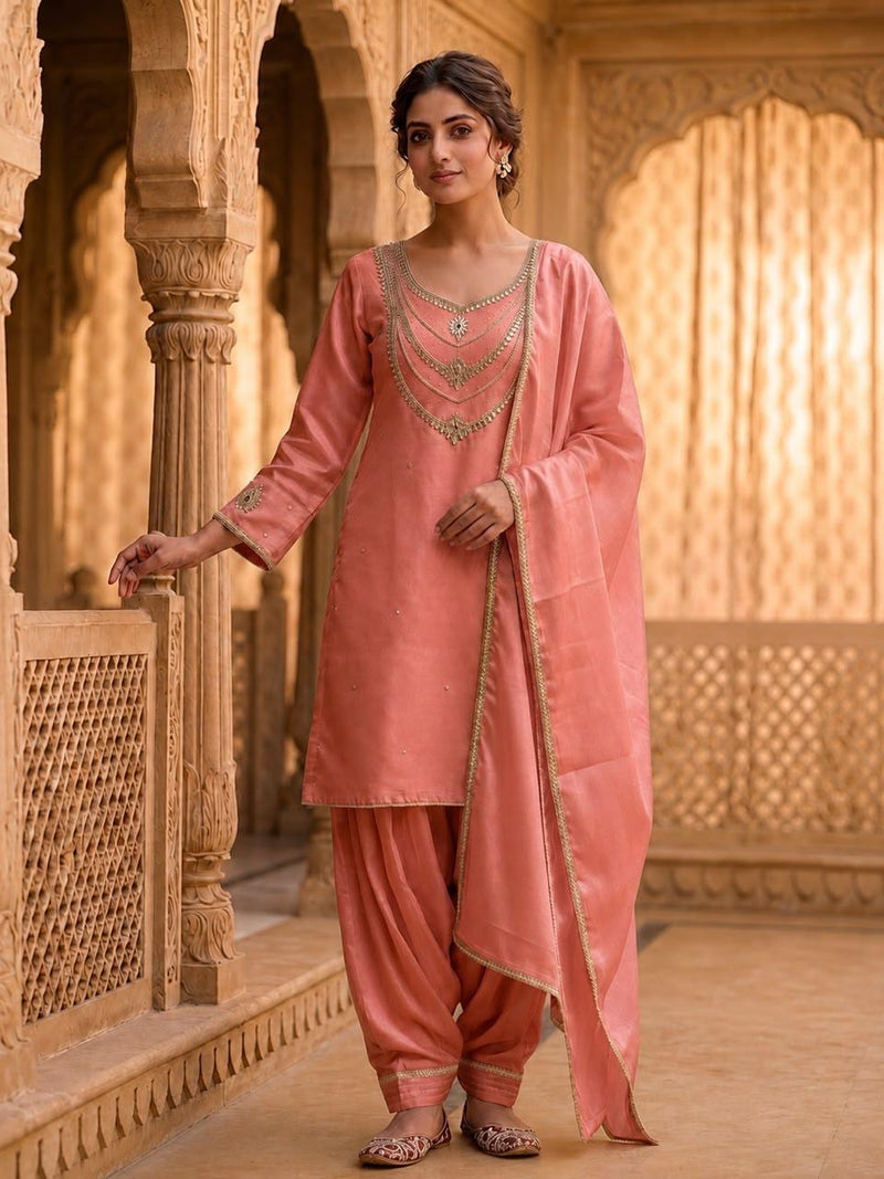 Women’s Peach Embroidered Kurta with Patiala Salwar & Dupatta | Festive Ethnic Suit Set