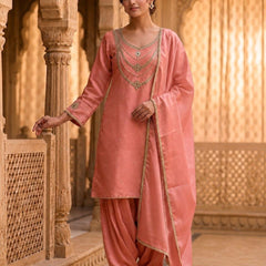 Women’s Peach Embroidered Kurta with Patiala Salwar & Dupatta | Festive Ethnic Suit Set