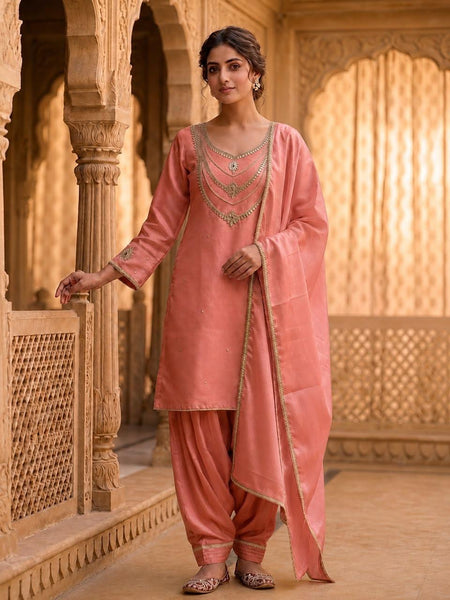 Women’s Peach Embroidered Kurta with Patiala Salwar & Dupatta | Festive Ethnic Suit Set
