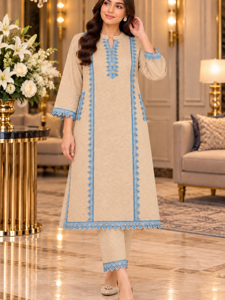 Ivory Kashmiri Embroidered Pheran Co-ord Set