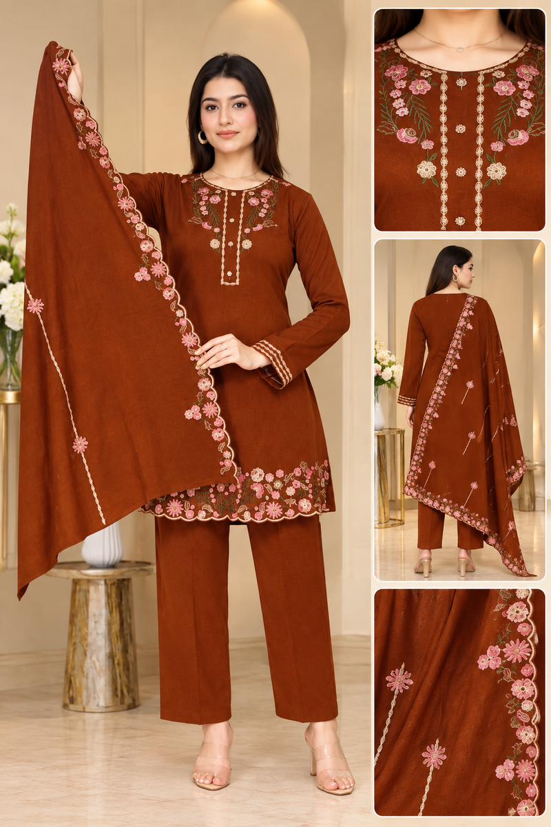Floral Embroidered 3-Piece Suit Set with Dupatta for Women