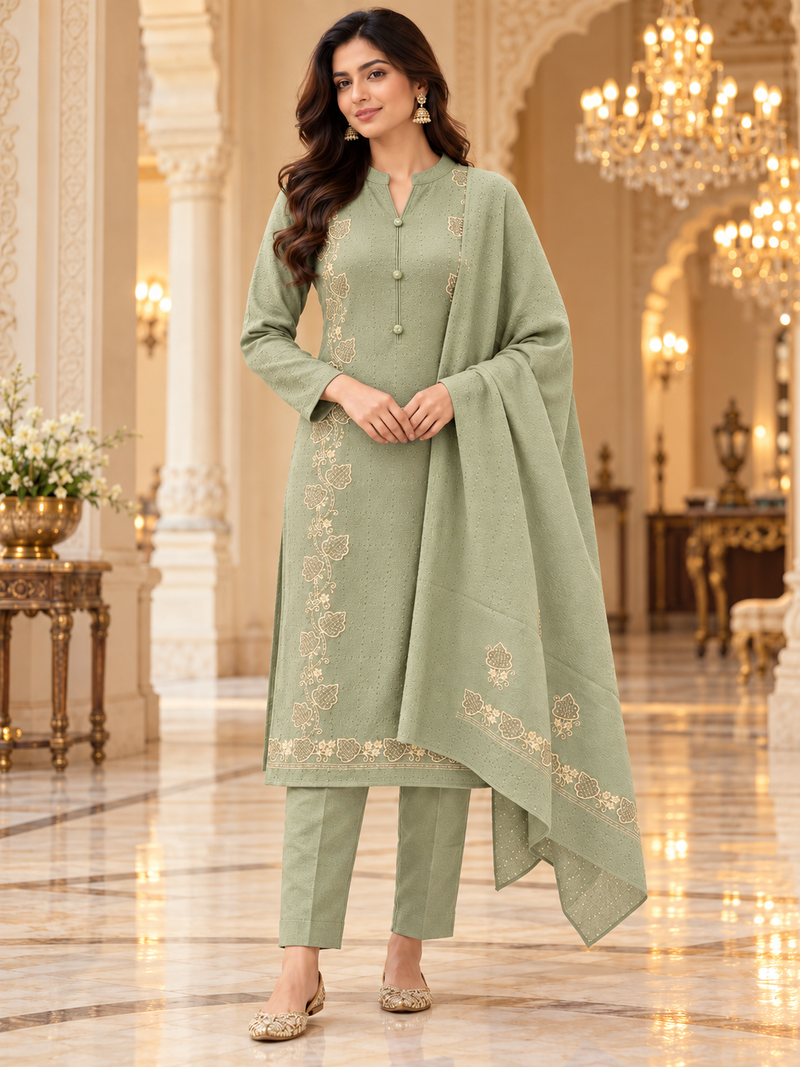 Embroidered Winter 3-Piece Suit Set with Dupatta