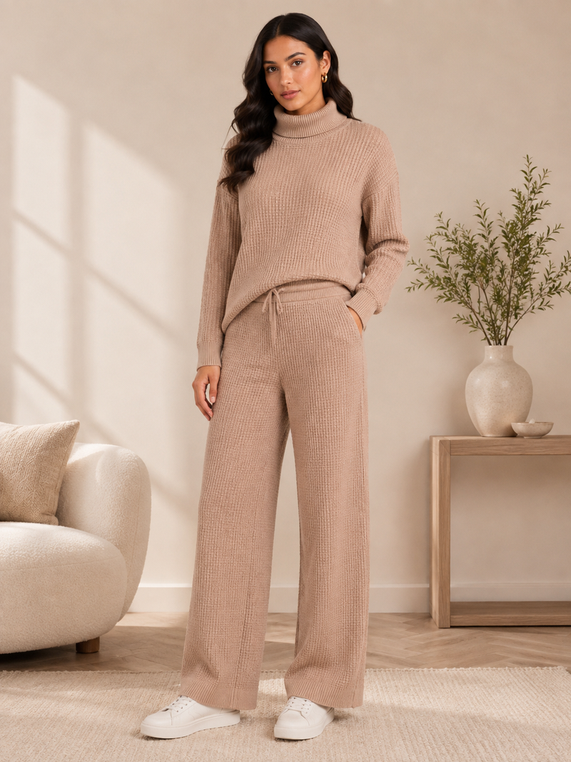 Mocha Textured Turtleneck Knitted Co-ord Set