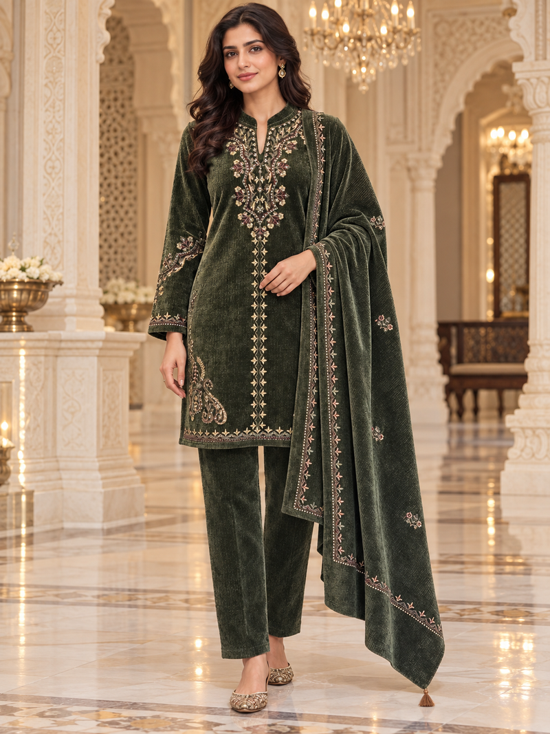 Corduroy Velvet Embroidered 3-Piece Winter Suit Set with Dupatta