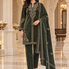 Corduroy Velvet Embroidered 3-Piece Winter Suit Set with Dupatta