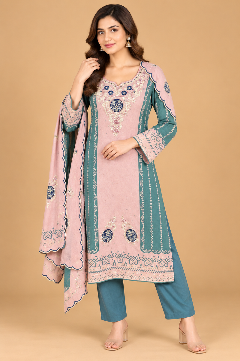 Blush Pink & Teal Embroidered Winter Kurta Pant Dupatta Set