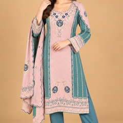 Blush Pink & Teal Embroidered Winter Kurta Pant Dupatta Set