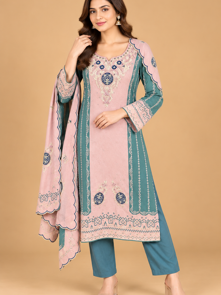 Blush Pink & Teal Embroidered Winter Kurta Pant Dupatta Set