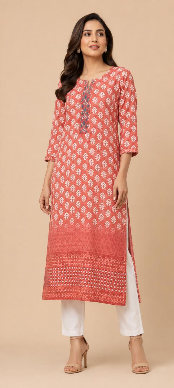 Women’s Beige Multi Floral Printed Straight Kurta