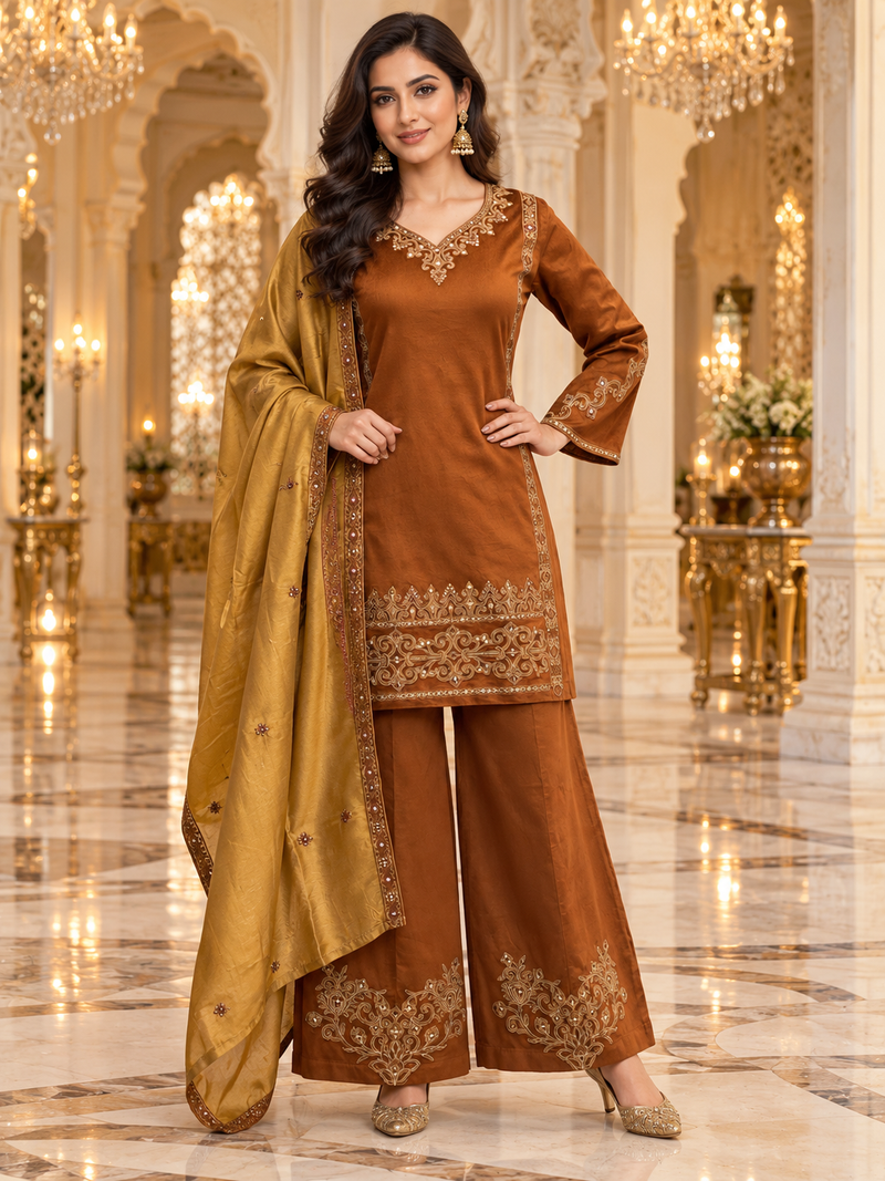 Corduroy Embroidered Kurta Palazzo Set with Mustard Gold Dupatta