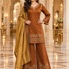 Corduroy Embroidered Kurta Palazzo Set with Mustard Gold Dupatta