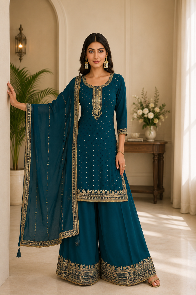 Women’s Teal Blue Embroidered Kurta Sharara Set with Dupatta | Festive 3-Piece Ethnic Suit