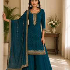 Women’s Teal Blue Embroidered Kurta Sharara Set with Dupatta | Festive 3-Piece Ethnic Suit