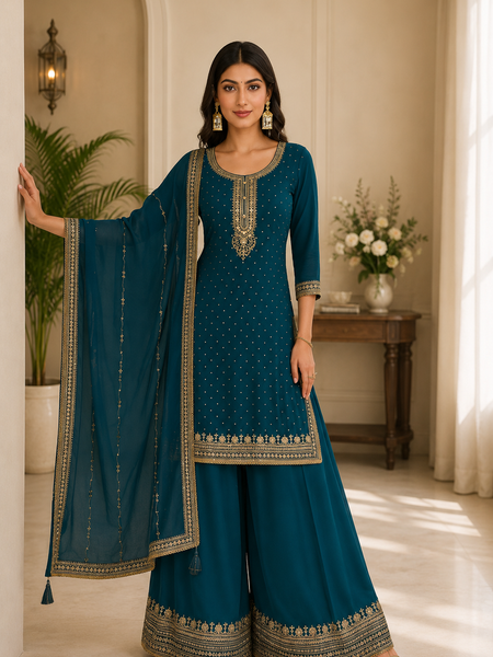 Women’s Teal Blue Embroidered Kurta Sharara Set with Dupatta | Festive 3-Piece Ethnic Suit