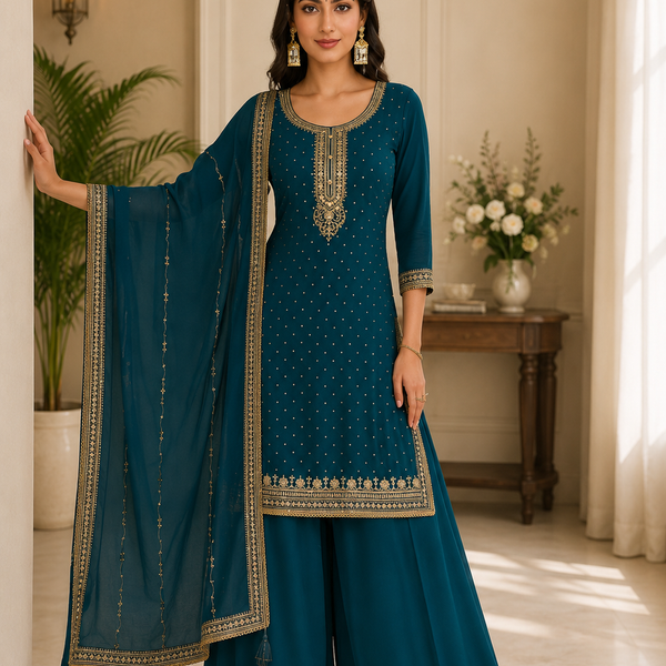 Women’s Teal Blue Embroidered Kurta Sharara Set with Dupatta | Festive 3-Piece Ethnic Suit