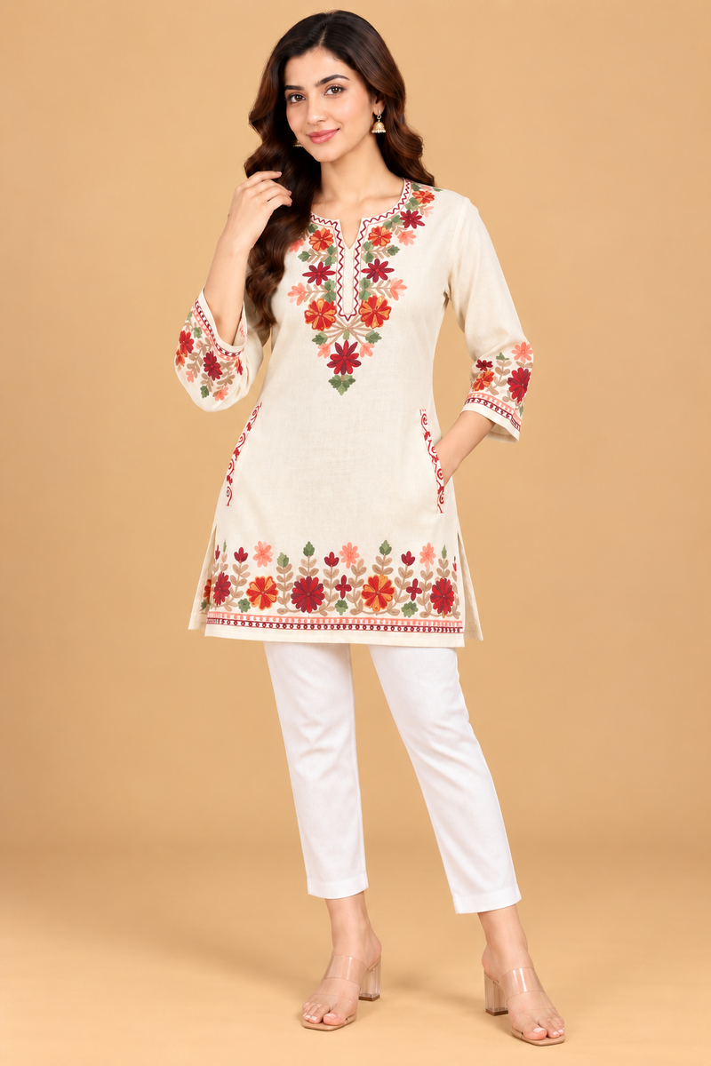Multicolour Floral Embroidered Short Kurti for Women