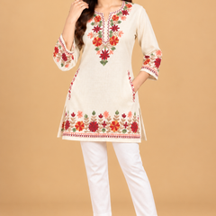 Multicolour Floral Embroidered Short Kurti for Women