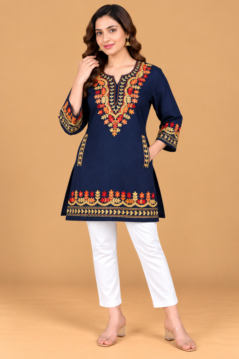 Multicolour Floral Embroidered Short Kurti for Women
