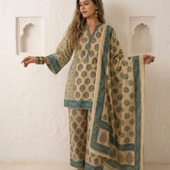 Rustic Olive ,Lime green , with rich teal  Handblock Suit Set