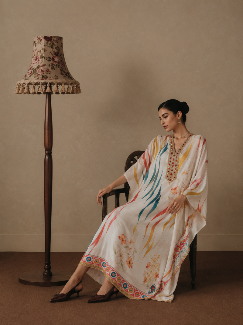 Women’s White Printed Kaftan Dress with Embellished V-Neck | Resort Wear Maxi Kaftan for Women