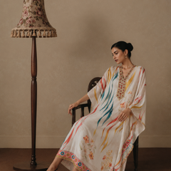 Women’s White Printed Kaftan Dress with Embellished V-Neck | Resort Wear Maxi Kaftan for Women