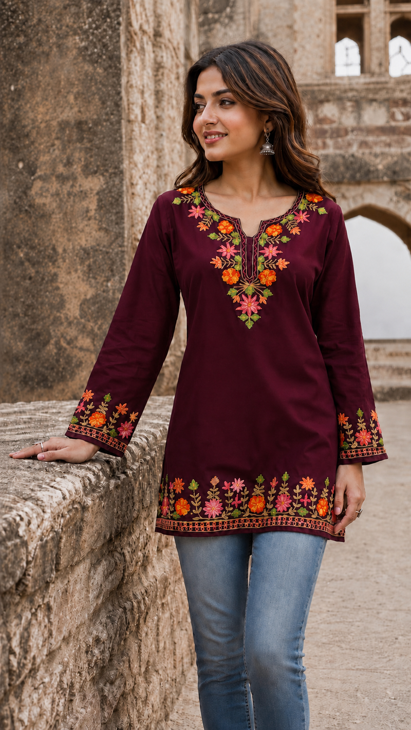 Mehendi Green Floral Embroidered Short Kurti for Women