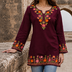 Mehendi Green Floral Embroidered Short Kurti for Women