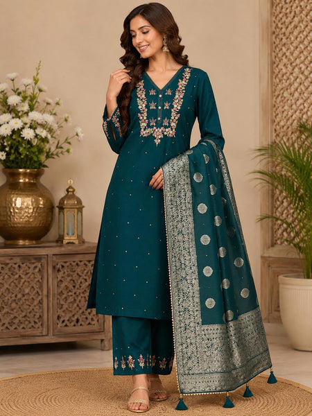 Women’s Royal Purple Embroidered Kurta Pant Set with Banarasi Dupatta | Festive Ethnic Suit