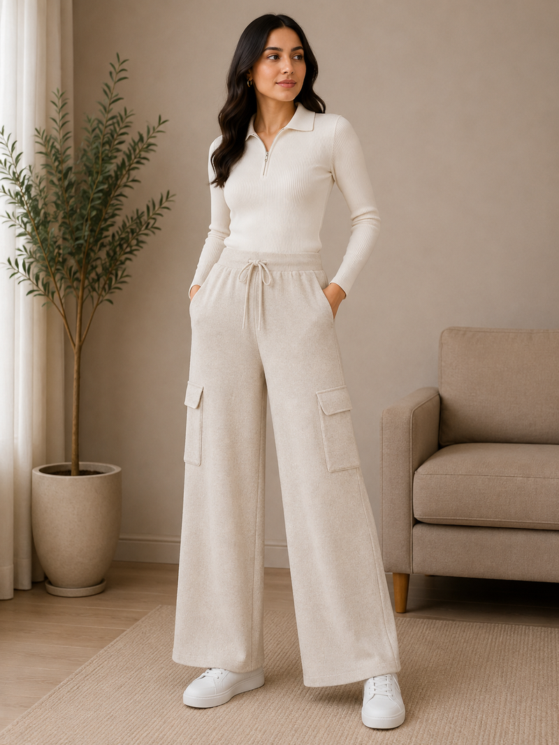 Women’s Premium Knit Wide-Leg Cargo Pants – Black
