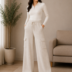 Women’s Premium Knit Wide-Leg Cargo Pants – Black