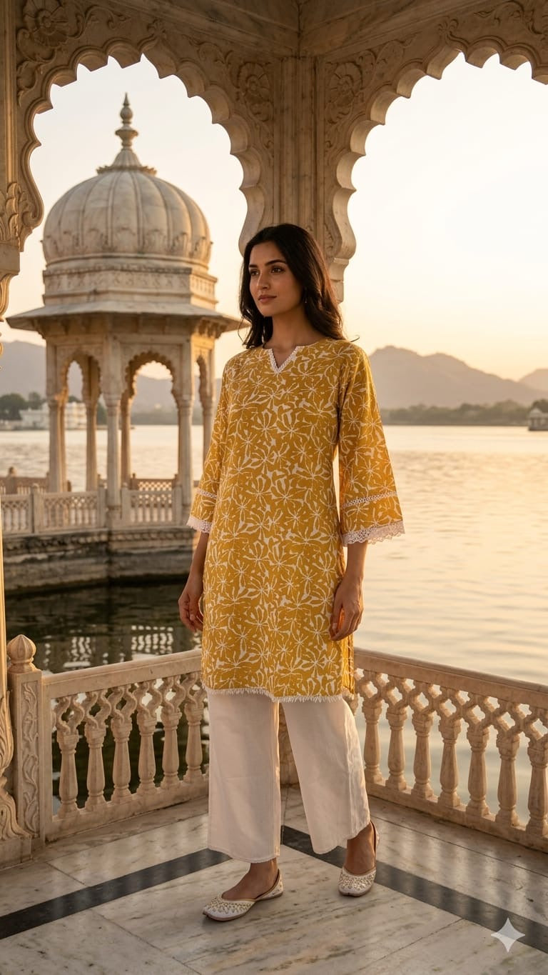 Ivory Brown Printed Kurta with Cream Palazzo Set for Women | Elegant Cotton Ethnic Co-Ord Set