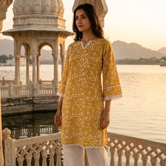 Ivory Brown Printed Kurta with Cream Palazzo Set for Women | Elegant Cotton Ethnic Co-Ord Set