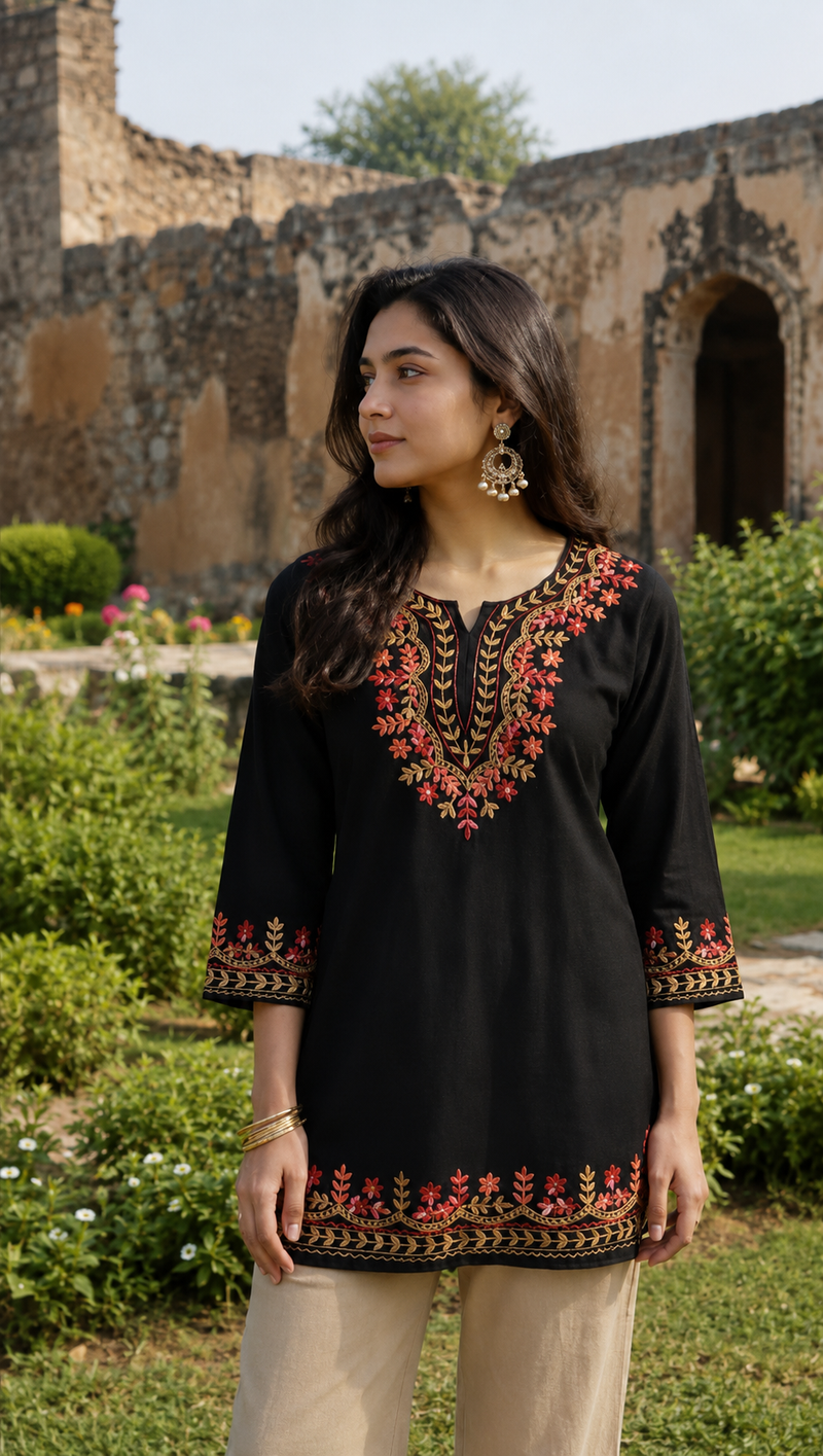Bottle Green Multicolour Floral Embroidered Short Kurti for Women