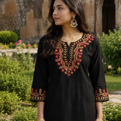 Bottle Green Multicolour Floral Embroidered Short Kurti for Women