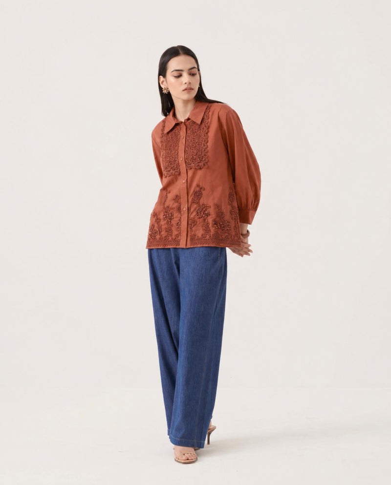 Women’s Premium Embroidered Cotton Shirt | Full Sleeve Formal & Casual Button-Down Top