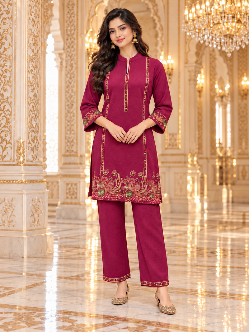 Wine Kashmiri Embroidered Kurta Pant Set