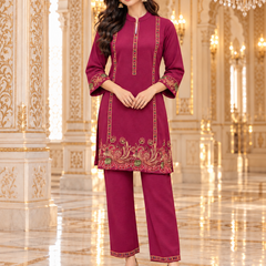 Wine Kashmiri Embroidered Kurta Pant Set