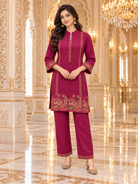 Wine Kashmiri Embroidered Kurta Pant Set